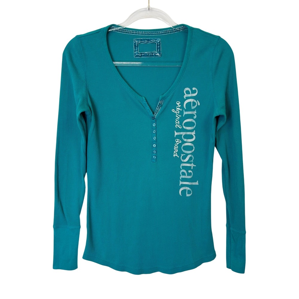 Aeropostale Y2K Thermal Knit Henley Top Junior's Size Large Teal Spell Out
